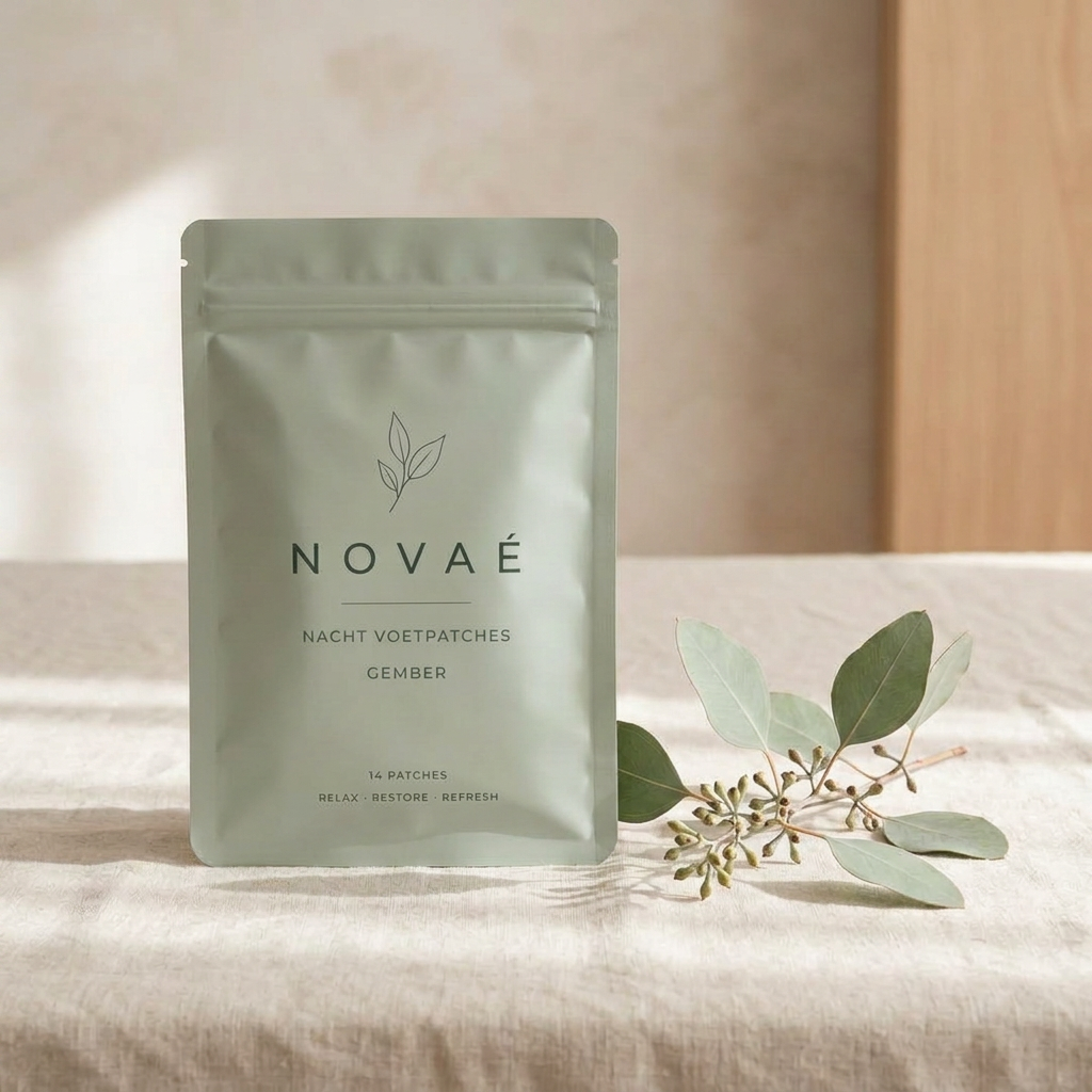 NOVAÉ Night Foot Patches Gember verpakking op linnen met eucalyptus