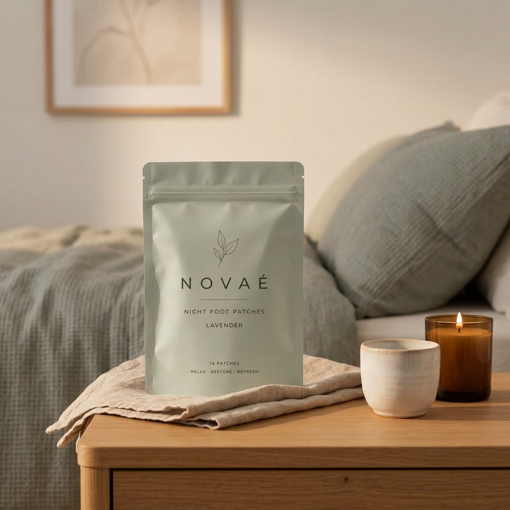 NOVAÉ verpakking op een nachtkastje met kaars in avondlicht