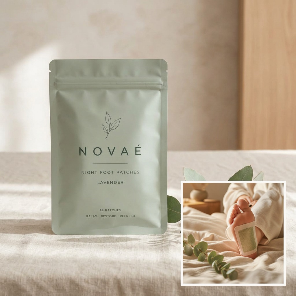 NOVAÉ Night Foot Patches verpakking op linnen met inzet van de patch op de voet